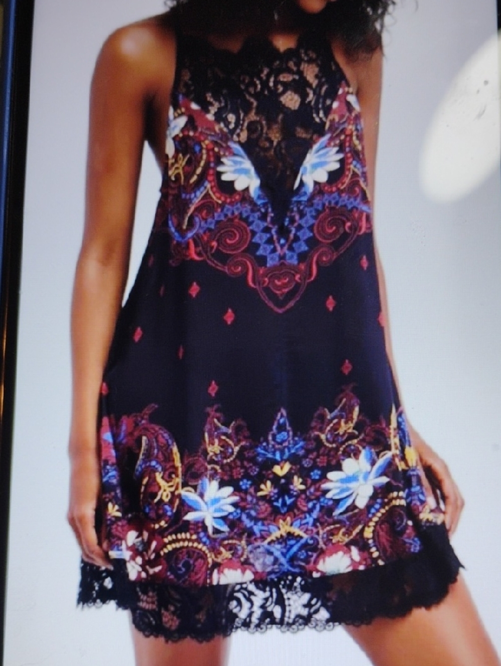 Free People Black Floral Paisley Lace-Trim Mini Dress